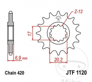 Εμπρόσθιος πινιόν JTF1120.15 (βήμα 420) - CPI SX 50 / Fantic Enduro 50 E / Generic TR 50 SM / Keeway TX 50 S