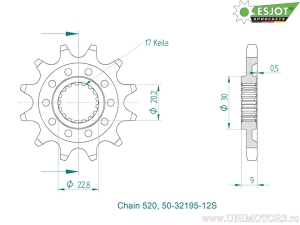 Μπροστινό πινιόν Esjot - 12 δόντια (βήμα 520) - Sherco SE 250 R / SE 250 R 2T Racing / SE 300 R 2T / SE
