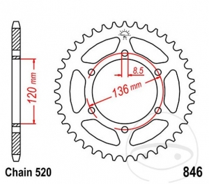 Πίνακας πίσω πινιόν JTR846.37 (βήμα 520) - Yamaha RD 350 LCH - LC - LCF - LCFH - LCFN - LCN YPVS / SRX 600 