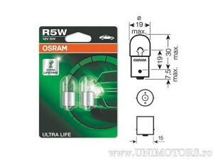 Bec R5W BA15S Ultra Life 12V 5W blister (set 2 bucati) - Osram