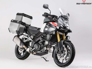 Engine guard - material: aluminum - color: black/silver - Suzuki V-Strom 1000 model with crashbar - SW-Motech