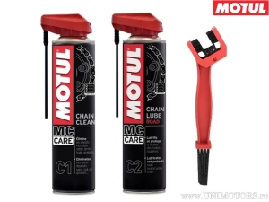 Láncápoló készlet - Motul C1 400ML lánctisztító spray - lánctisztító kefe - Motul Road C2 400ML lánckezelő spray