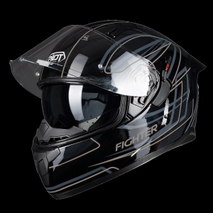 PILOT - Full-face FLIPPER Fighter Helmet [sun visor] glossy black / grey [XS]