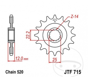 Pinion fata JTF715.12 (pas 520) - Gas Gas EC 400-450 FSE / Halley 450 R / HP 300 2T / HP 450 4T / MC 250 / Pampera 450 - JM