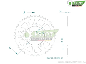 Rear sproket Esjot - 42 teeth (step 520)- Aprilia Pegaso 650 ie Strada / RS 125 Extrema / RSV 1000 Mille / RSV 1000 R - JM