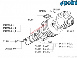 Set cilindru (diametru 47mm / 75cc) - 140.0054 - Piaggio APE 50 / APE Car P50 / APE Mix 50 / APE TM P50 / APE Web 50 2T - Polini